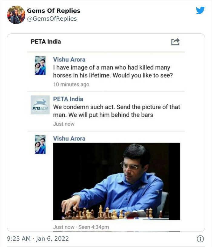 funny comments - vagene send bob - Gems Of Replies Peta India Vishu Arora I have image of a man who had killed many horses in his lifetime. Would you to see? 10 minutes ago Peta India Petaindia We condemn such act. Send the picture of that man. We will pu