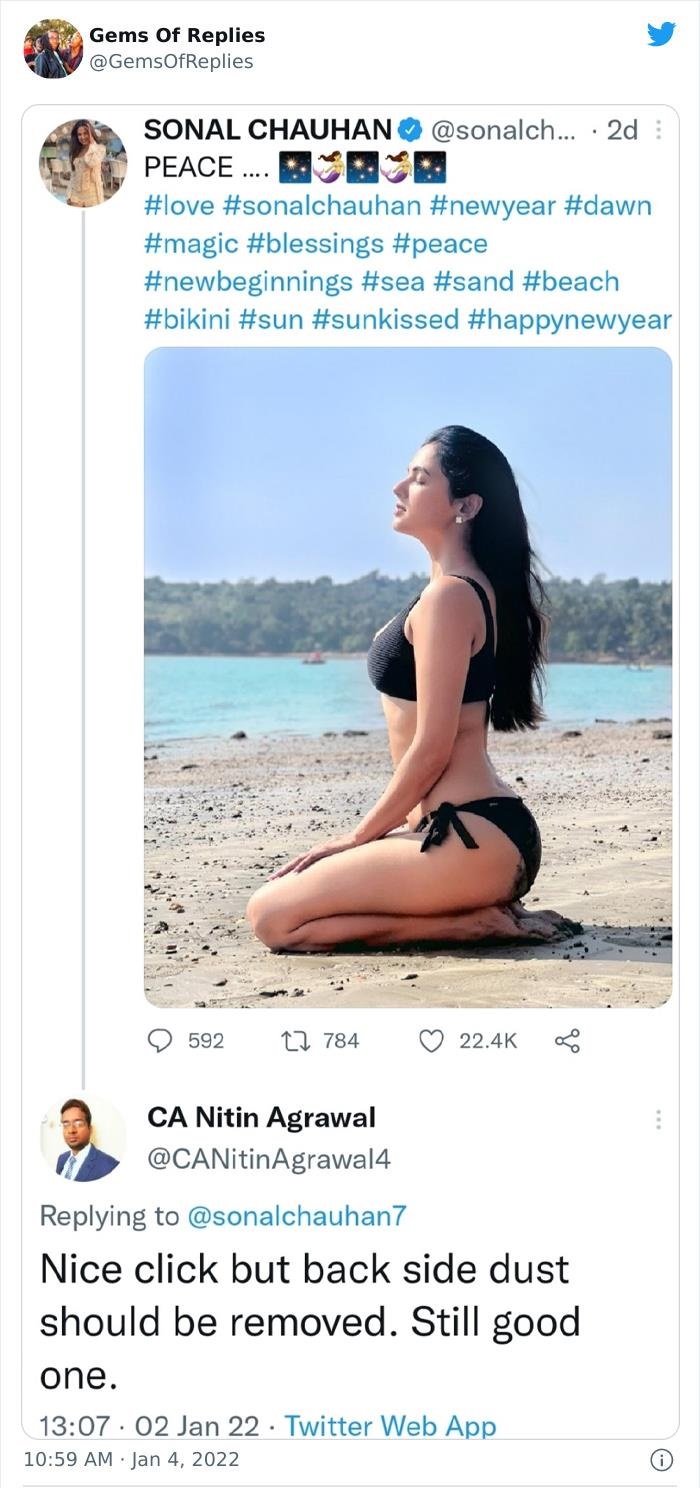 funny comments - sonal s new bikini - Gems Of Replies Sonal Chauhan ... 2d Peace .... Oooo 592 12 784 Ca Nitin Agrawal Nice click but back side dust should be removed. Still good one. 02 Jan 22 Twitter Web App