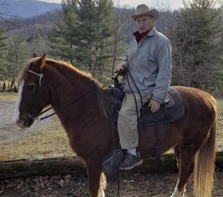 “My neighbor at our farm, riding a horse to celebrate his 102 year birthday. I’m convinced he will never die.”