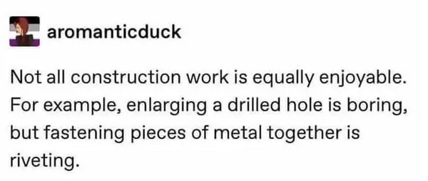 dumb jokes funny puns  - sparkling catapult - aromanticduck Not all construction work is equally enjoyable. For example, enlarging a drilled hole is boring, but fastening pieces of metal together is riveting.