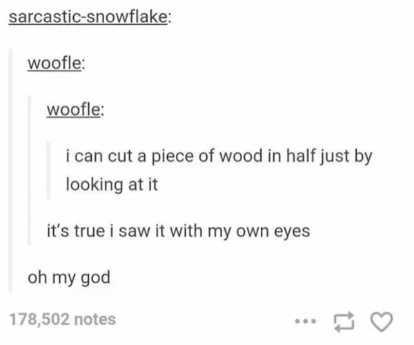 dumb jokes funny puns  - paper - sarcasticsnowflake woofle woofle i can cut a piece of wood in half just by looking at it it's true i saw it with my own eyes oh my god 178,502 notes