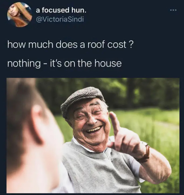dumb jokes funny puns  - - - a focused hun. how much does a roof cost ? nothing it's on the house B