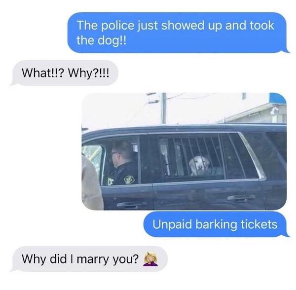 dumb jokes funny puns  - unpaid barking tickets meme - The police just showed up and took the dog!! What!!? Why?!!! Unpaid barking tickets Why did I marry you?