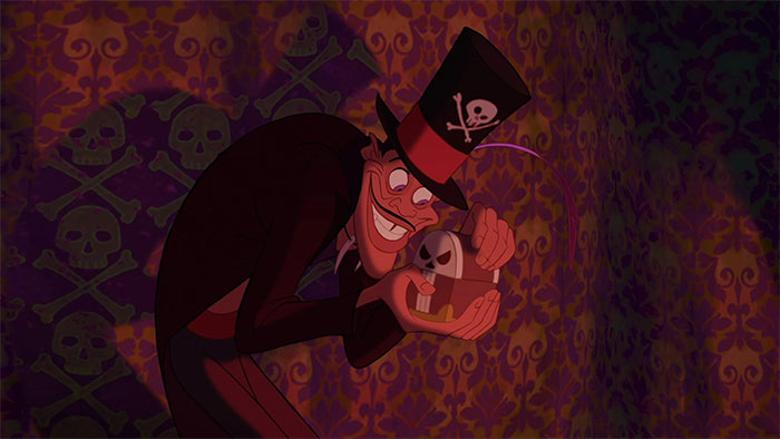 movie facts and details - In The Princess And The Frog (2009) The Villains Shadow Turns This Wallpaper To Skulls And Crossbones In This Scene