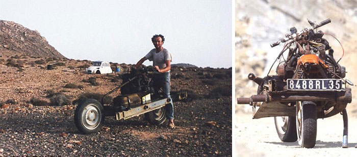 In 1993 a French man driving a Citroen car in a remote area of the Moroccan desert had a breakdown and became stranded. To survive he tore down the car, built a motorcycle from the parts, and rode it back to civilization. When he arrived he was ticketed for operating an illegal vehicle.