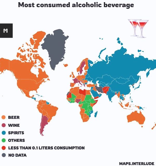 charts and maps - world map with countries - Most consumed alcoholic beverage M Beer Wine Spirits Others Less Than 0.1 Liters Consumption No Data Maps.Interlude