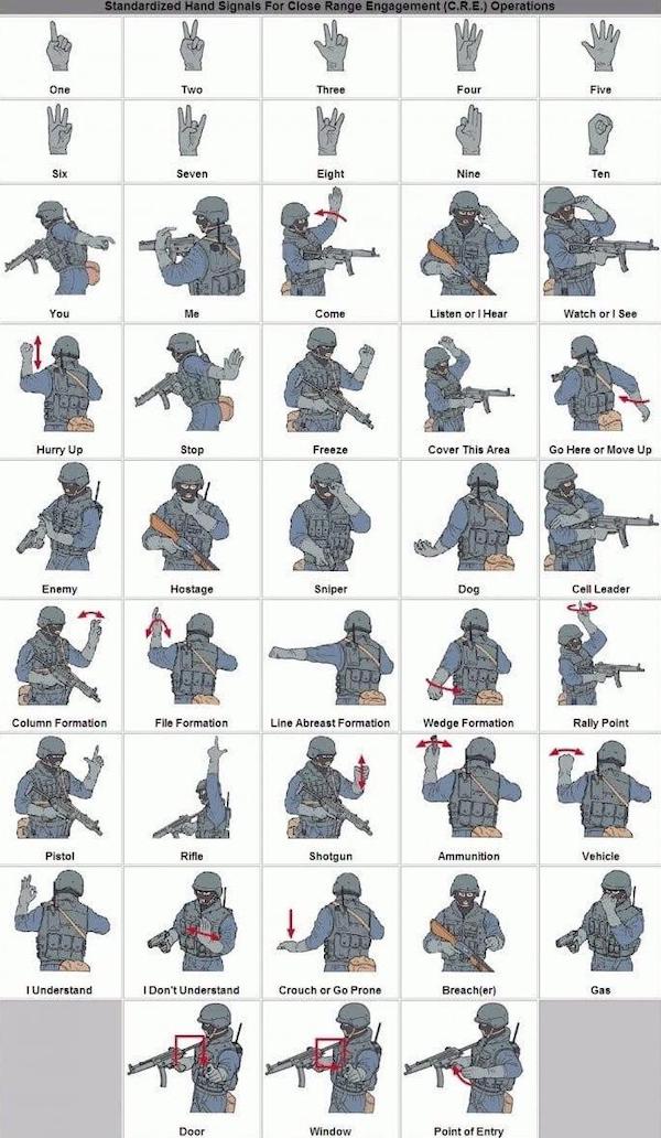 charts and maps - army hand signals - Standardized Hand Signals For Close Range Engagement C.R.E. Operations One Two Three Four Five Six Seven Eight Nine Ten You Me Come Listen or I Hear I Watch or I See Hurry Up Stop Freeze Cover This Area Go Here or Mov