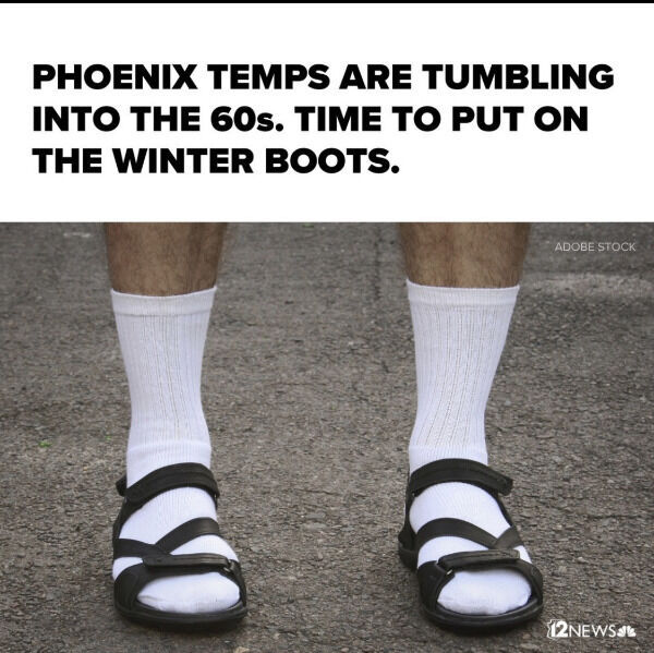 hilarious pics of oh shit moments - men sandals and socks - Phoenix Temps Are Tumbling Into The 60s. Time To Put On The Winter Boots. Adobe Stock 12NEWSS