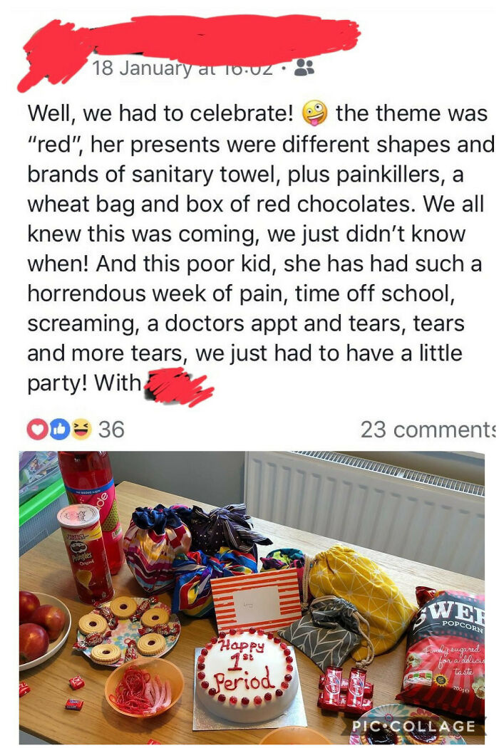helicopter parents - junk food - 18 January at 10.Uz Well, we had to celebrate! the theme was "red", her presents were different shapes and brands of sanitary towel, plus painkillers, a wheat bag and box of red chocolates. We all knew this was coming, we 