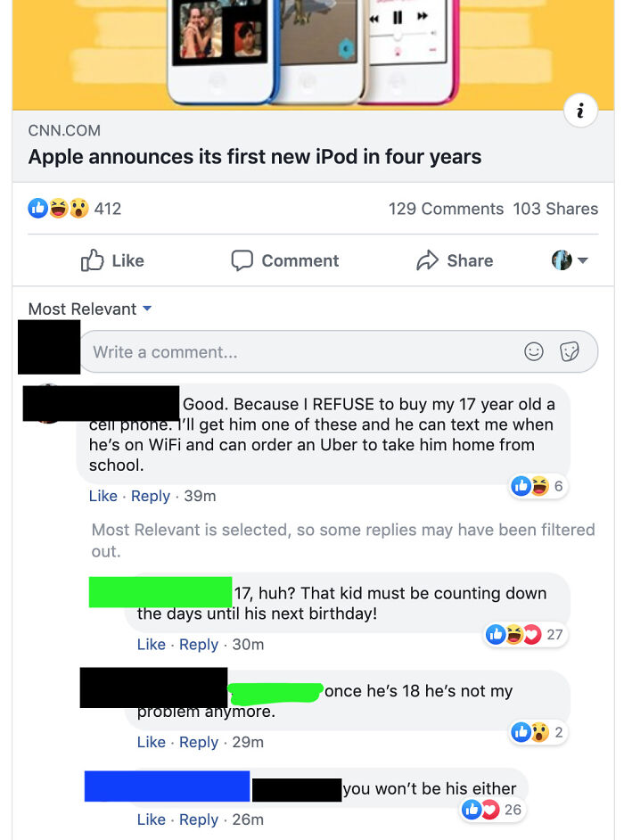 helicopter parents - web page - Cnn.Com Apple announces its first new iPod in four years 2412 129 103 Comment Most Relevant Write a comment... Good. Because I Refuse to buy my 17 year old a cell phone. I'll get him one of these and he can text me when he'