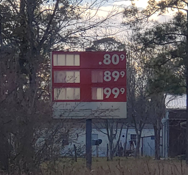 “This abandoned gas station near my old high school still has the gas prices from when it closed down in 1995.”