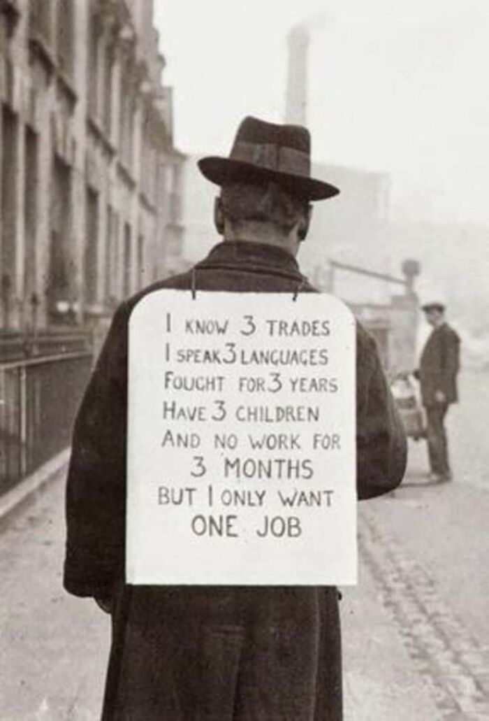 fascinating photos from history - A Man Looking For A Job Wearing His Cv, England - 1930s