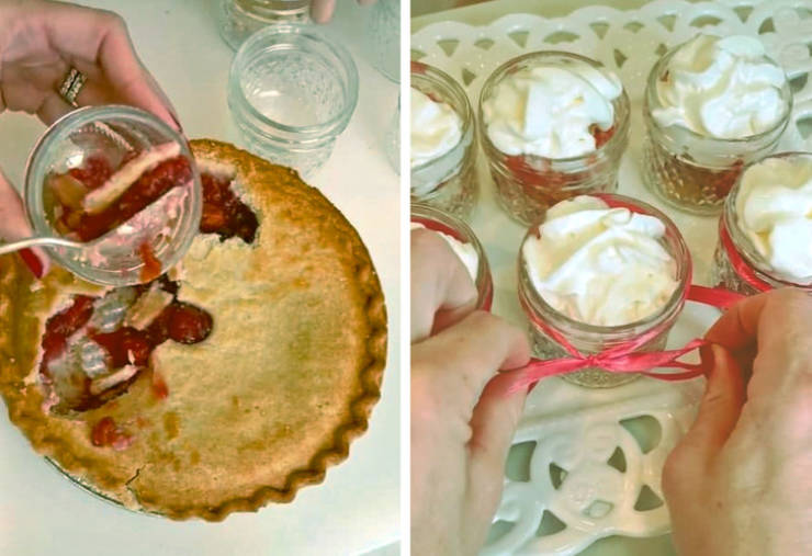 "You can make a sophisticated dessert out of a simple pie bought at a store." "Spoon pieces of a fruit pie into the bowls and cover them with whipped cream on top — your original dessert is ready."