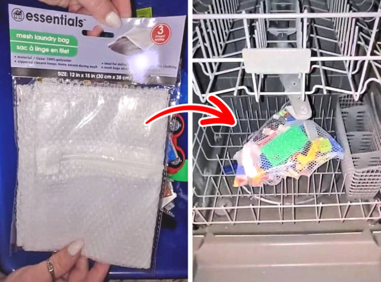 "To quickly clean LEGO pieces, put them into a laundry bag and put it into the dishwasher."