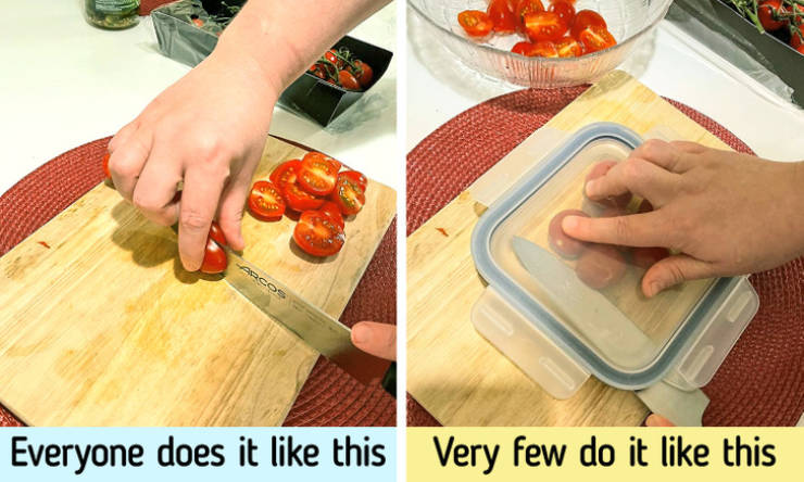 "How to cut cherry tomatoes quickly" "Cherry tomatoes are small and difficult to cut. To make this process easier, place the tomatoes under a container lid and press it down with your hand. Take a knife with your other hand, hold it parallel to the lid of the container, and cut the tomatoes."