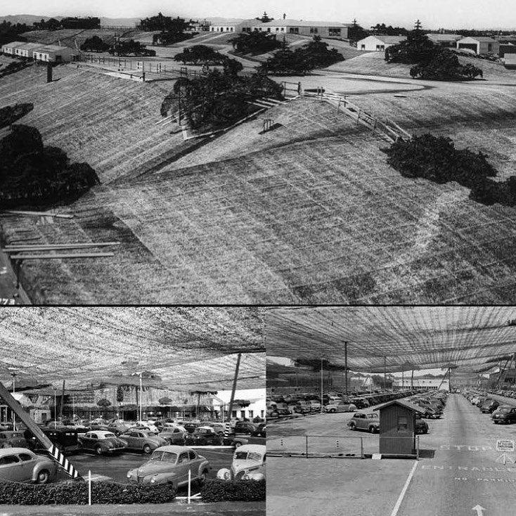 Camouflage over the Lockheed Aircraft plant in Burbank, CA during World War II, disguising it as sparsely populated rural area.