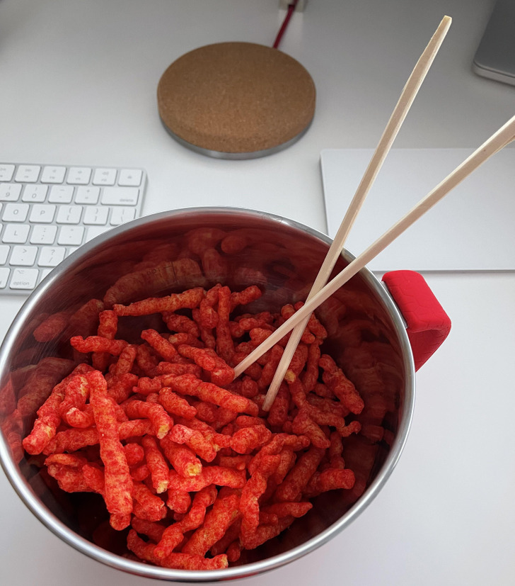 “Work snack Cheetos dust problem has now been solved.”