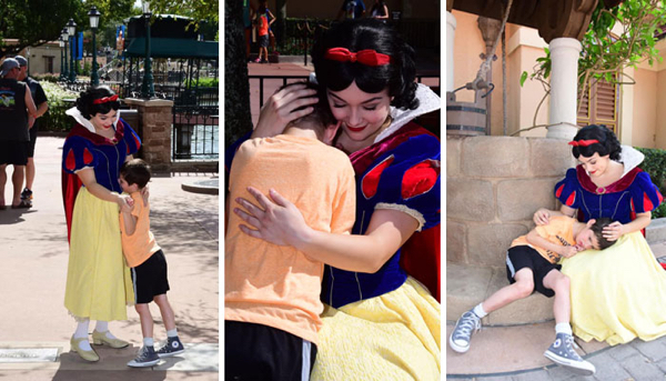 I wanted to share an amazing experience that I had today Sunday August 25th in Epcot. My son Brody has Autism and is non verbal. We went to meet Snow White by the fountain at the Germany Pavilion at 4:00 this afternoon. My son was having an autism meltdown. He was crying and was overwhelmed and just having a hard time. Snow White was amazing with him!! She kissed, hugged and cuddled him. He was laying his head crying on her lap. She then took him for a walk away from the crowd! She was amazing. She held his hand, danced with him, took him over to a bench and sat with him. She went above and beyond!! She took so much time with him. She was a pure angel! She was magical and my family is forever thankful and touched!