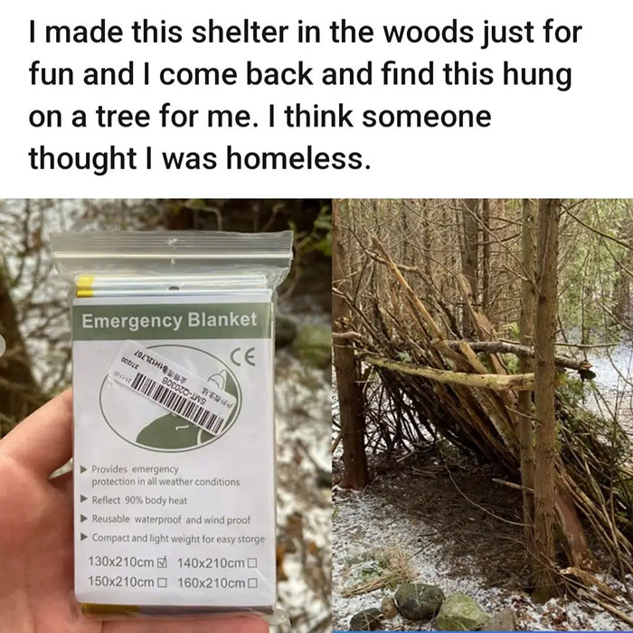 wholesome moments - made for iphone - I made this shelter in the woods just for fun and I come back and find this hung on a tree for me. I think someone thought I was homeless. Emergency Blanket Ce Zozhow Doble BoeozoIns st Provides emergency protection i