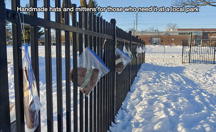 wholesome moments - snow - Handmade hats and mittens for those who need it at a local park