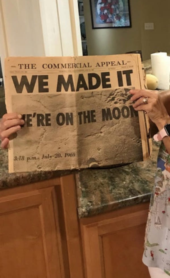 “My great grandmother kept a news paper of when America landed on the moon. Just found it today.”