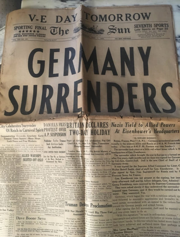 “This WWII newspaper of Germany’s surrender found in my grandparent’s attic”
