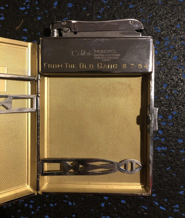 “Cigarette holder gifted to my grandfather from his AF unit while they were stationed in the UK during the Korean War. ‘From the old gang, 8/7/1954′”