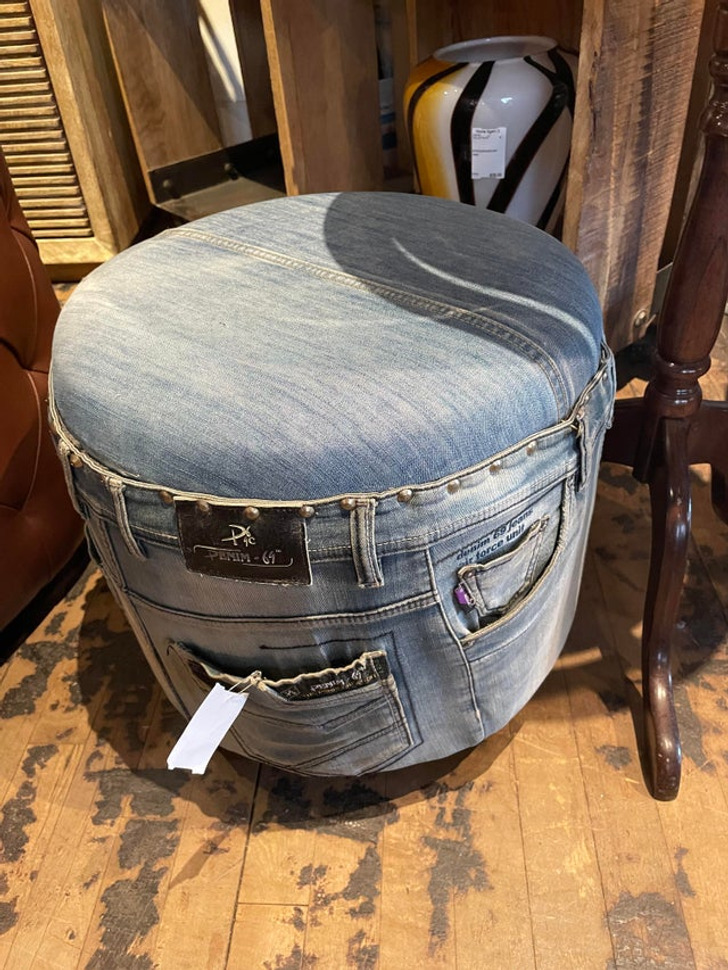 “I found this denim footstool at a consignment furniture shop.”