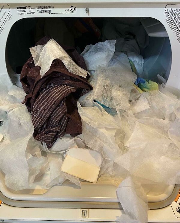 My wife tossed a pile of laundry into the dryer. Along with a brand new box of 500 dryer sheets.