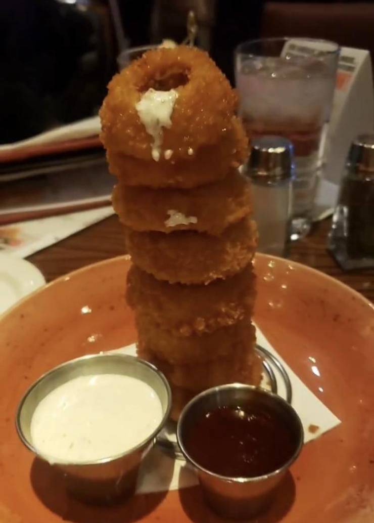 "I was served this onion ring tower while dining with my mom."