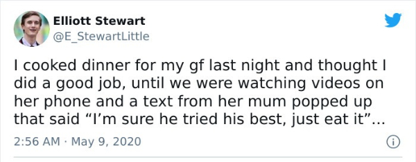 wtf pics  - love island dad affair tweet - Elliott Stewart I cooked dinner for my gf last night and thought | did a good job, until we were watching videos on her phone and a text from her mum popped up that said
