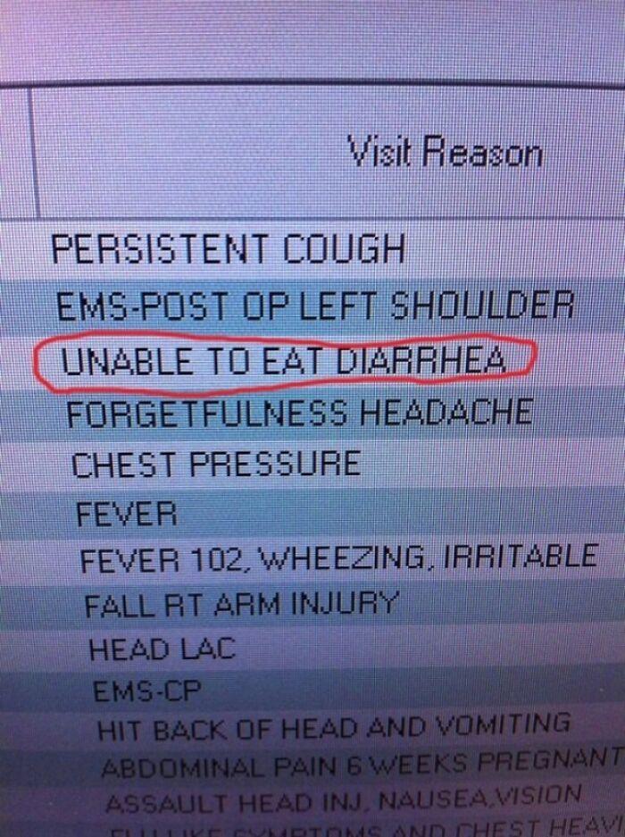Had one job - document - Visit Reason Persistent Cough EmsPost Op Left Shoulder Unable To Eat Diarrhea Forgetfulness Headache Chest Pressure Fever Fever 102, Wheezing, Irritable Fall Rt Arm Injury Head Lac EmsCp Hit Back Of Head And Vomiting Abdominal Pai
