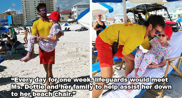 wholesome pics and memes - lifeguards carry 95 year old woman to beach every day for a week so she can enjoy her vacation - 0 "Every day for one week, lifeguards would meet Ms. Dottie and her family to help assist her down to her beach chair