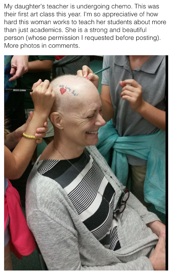 wholesome pics and memes - shoulder - My daughter's teacher is undergoing chemo. This was their first art class this year. I'm so appreciative of how hard this woman works to teach her students about more than just academics. She is a strong and beautiful