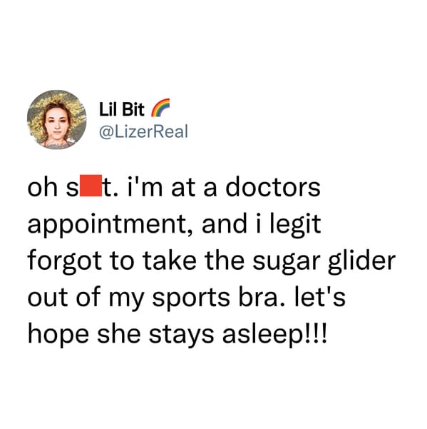 funny comments - point - Lil Bit oh s t. i'm at a doctors appointment, and i legit forgot to take the sugar glider out of my sports bra. let's hope she stays asleep!!!