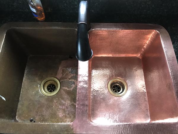 Copper sink before cleaning & after