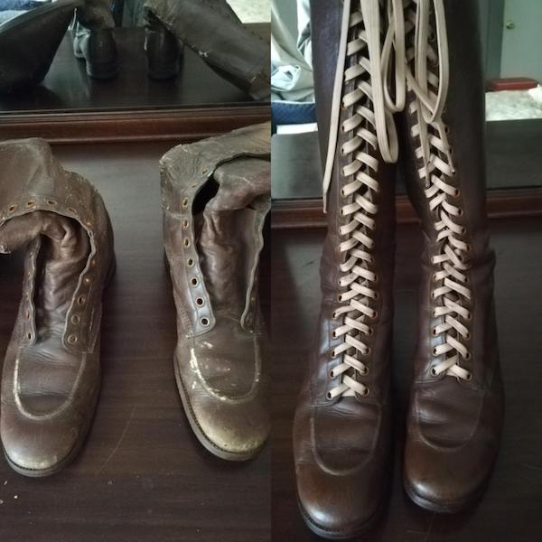 1940s ladies boots before and after polishing and new laces