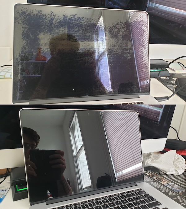 My Macbook Pro before and after I used Listerine to remove the anti-glare coating