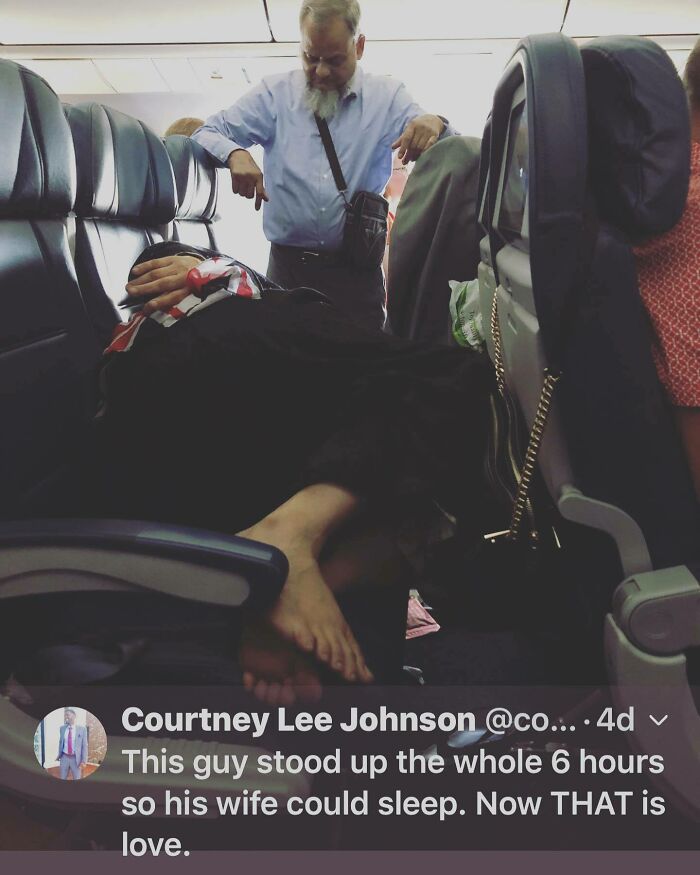 man standing in flight - Courtney Lee Johnson .... 4d v This guy stood up the whole 6 hours so his wife could sleep. Now That is love.