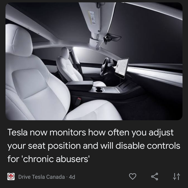 dystopian pics  - Tesla now monitors how often you adjust your seat position and will disable controls for 'chronic abusers' Drive Tesla Canada 4d 3 1