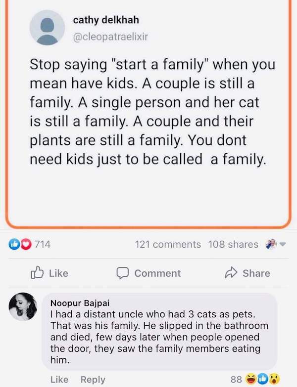 cursed comments - funny posts - document - cathy delkhah Stop saying "start a family" when you mean have kids. A couple is still a family. A single person and her cat is still a family. A couple and their plants are still a family. You dont need kids just