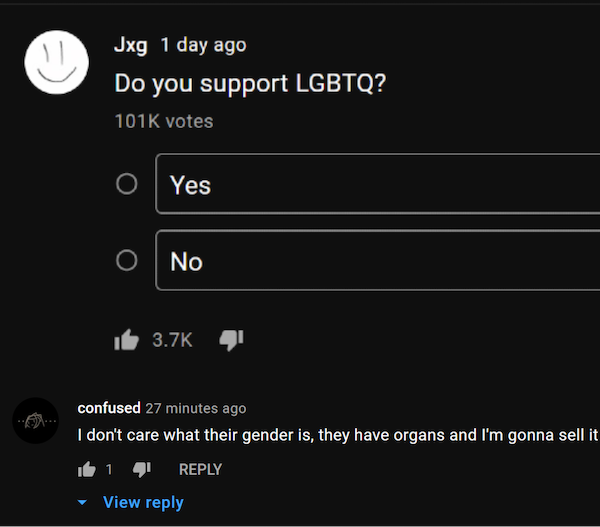 cursed comments - funny posts - screenshot - U Jxg 1 day ago Do you support Lgbtq? votes O Yes O No 3 4 confused 27 minutes ago I don't care what their gender is, they have organs and I'm gonna sell it View