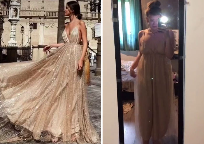 expectations vs reality  - champagne gold prom dresses