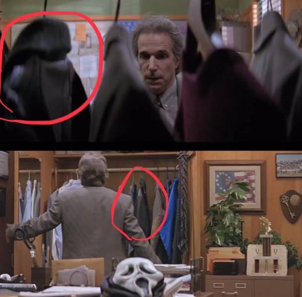 "Scream (1996) When Henry Winkler’s character opens his closet, his ‘Fonzie’ leather jacket from Happy Days is seen hanging up"