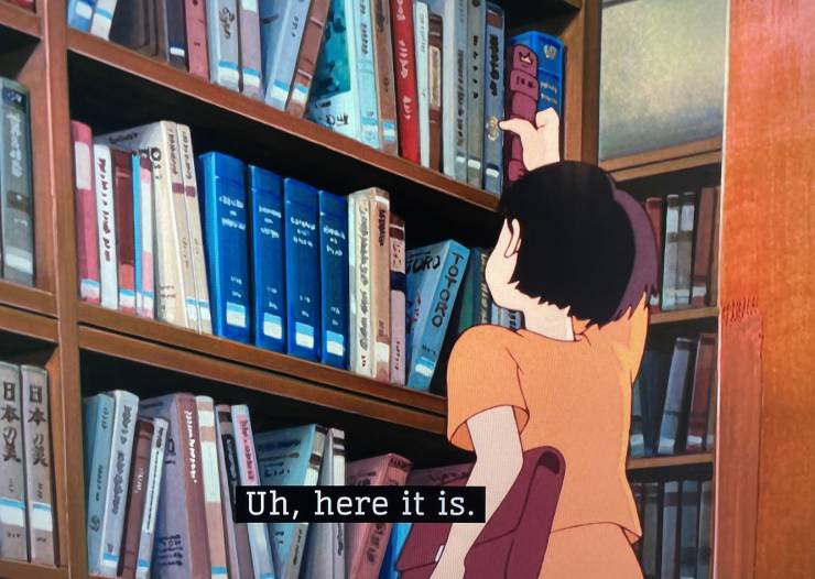 "In Studio Ghibli’s Whisper of the Heart (1995) an early library scene features a book with the title ‘Totoro’ in english."
