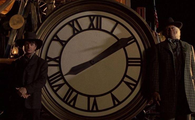 "In Back to the Futur III (1990), when Doc and Marty are taking a picture in front of the new clock of the clock tower, the time is 08:08, referencing the 88 miles per hour the Delorean needs to travel in time"