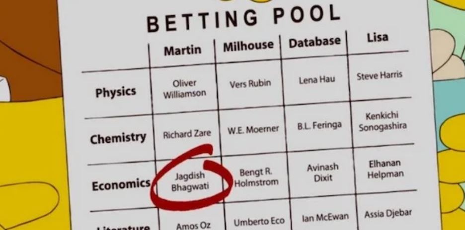 THE 2016 NOBEL PRIZE WINNER IN ECONOMICS.

In an effort to impress Lisa, Millhouse predicts that Bengt Holmstrom would win for Economics. The episode was in 2010 and Holmstrom was named a joint winner 6 years later.