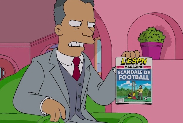 THE FIFA CORRUPTION SCANDAL.

In a 2014 episode, Homer is petitioned by the head of a soccer league to help create a better image for them after corruption allegations emerge. The next year, FIFA had a scandal involving the arrest of 7 executives for abusing their positions for financial gain.