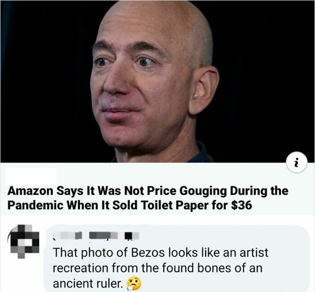 savage comments brutal comebacks - head - i Amazon Says It Was Not Price Gouging During the Pandemic When It Sold Toilet Paper for $36 That photo of Bezos looks an artist recreation from the found bones of an ancient ruler.