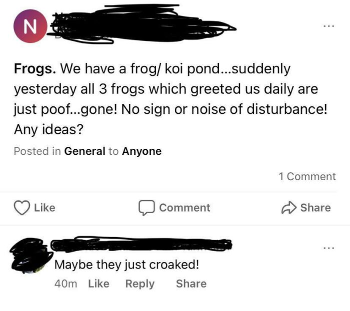 crazy neighbors - angle - N Frogs. We have a frog koi pond...suddenly yesterday all 3 frogs which greeted us daily are just poof...gone! No sign or noise of disturbance! Any ideas? Posted in General to Anyone 1 Comment Comment Maybe they just croaked! 40m